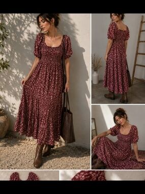 Women's Rust Floral Smocked Midi Dress